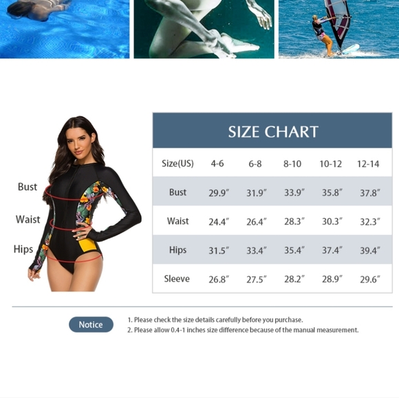 ZANDO One Piece Long Sleeve Rash Guard Swimsuit with Zipper - Picture 8 of 9